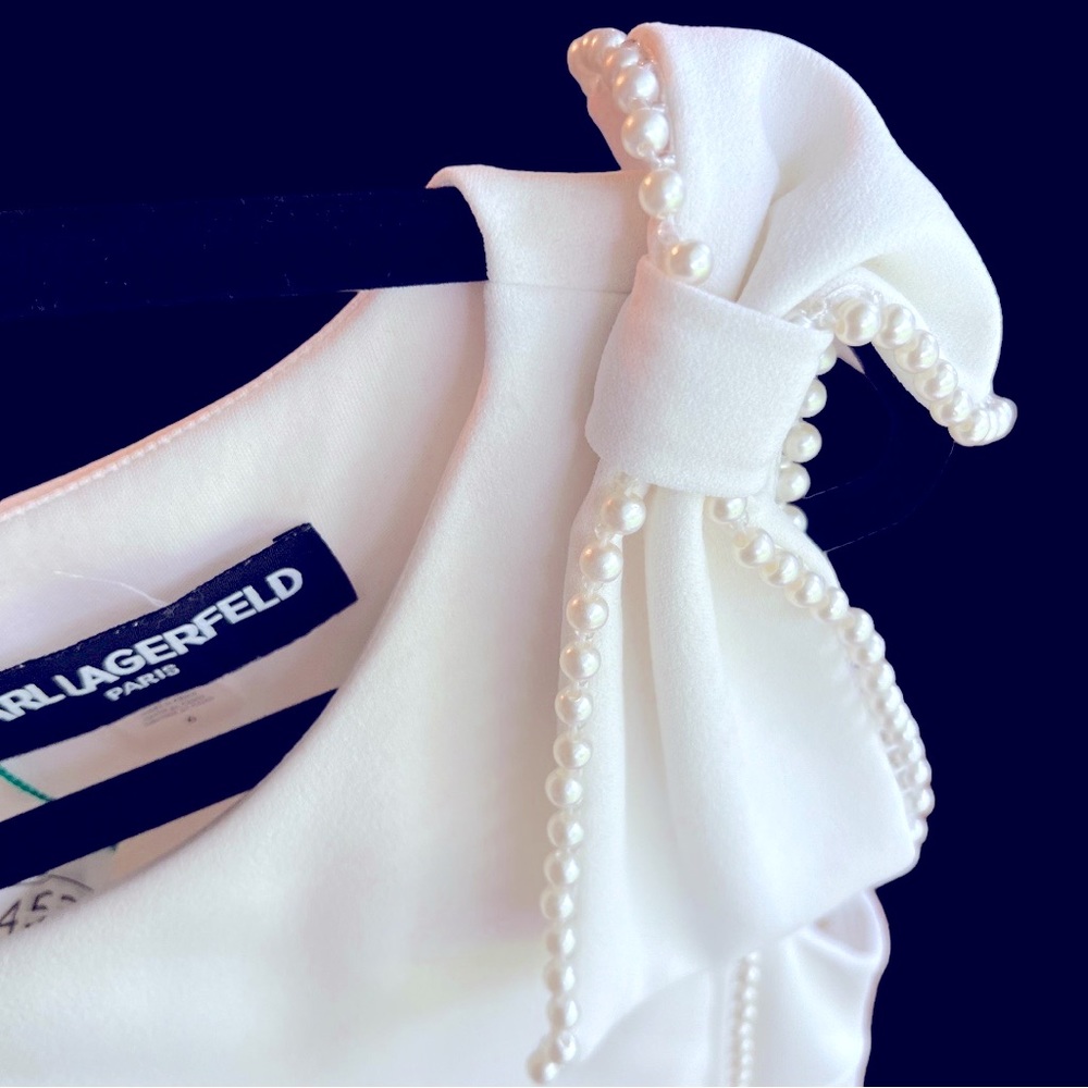 Karl Lagerfeld off-white above the knee dress with pearl bow and trim. Size 6